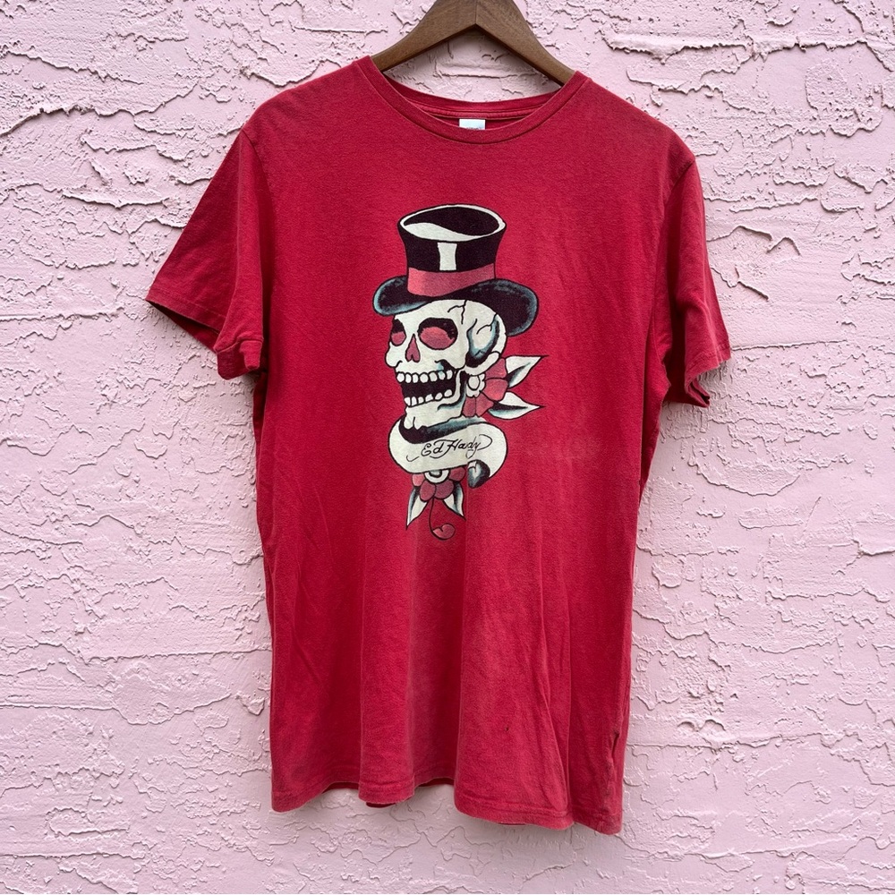 Vintage Ed Hardy T-Shirt Red Faded Skull Adult Large
